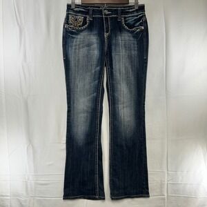 Cello Bootcut Jeans Womens 8 Dark Blue Wash Rhinestone Fleur De Lis Y2K Western